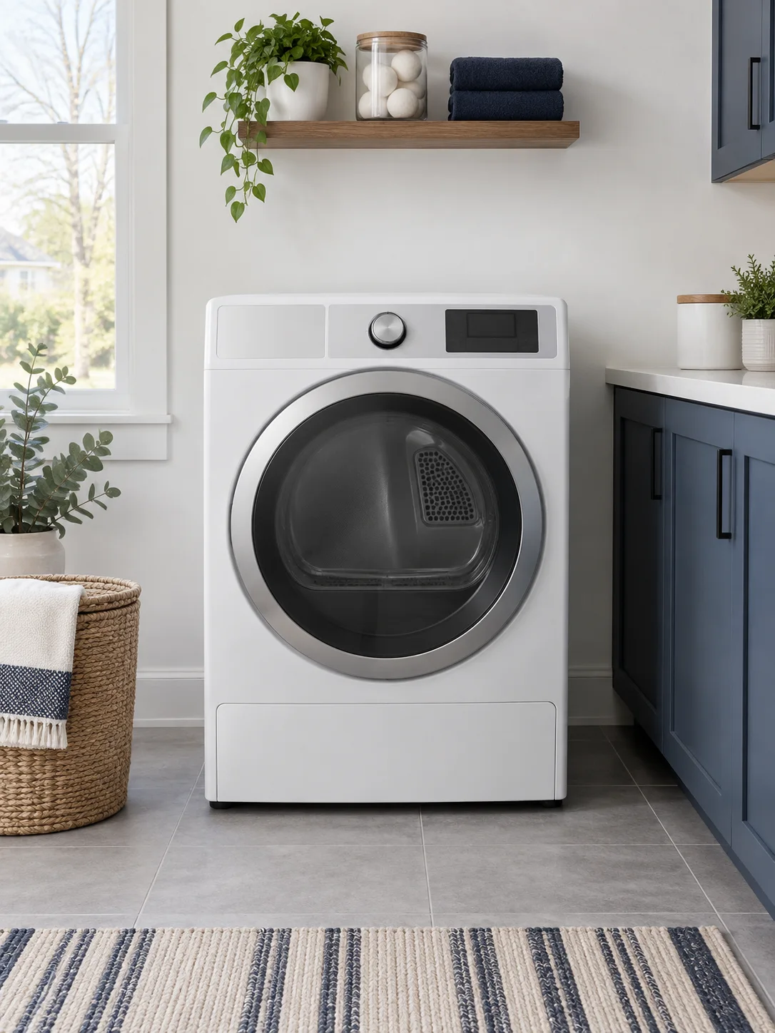 Gas dryer in a bright laundry room