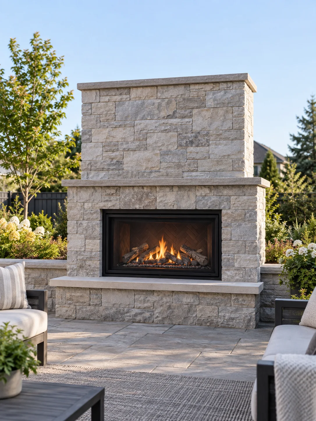 Outdoor gas fireplace in a freestanding stone surround on an open patio