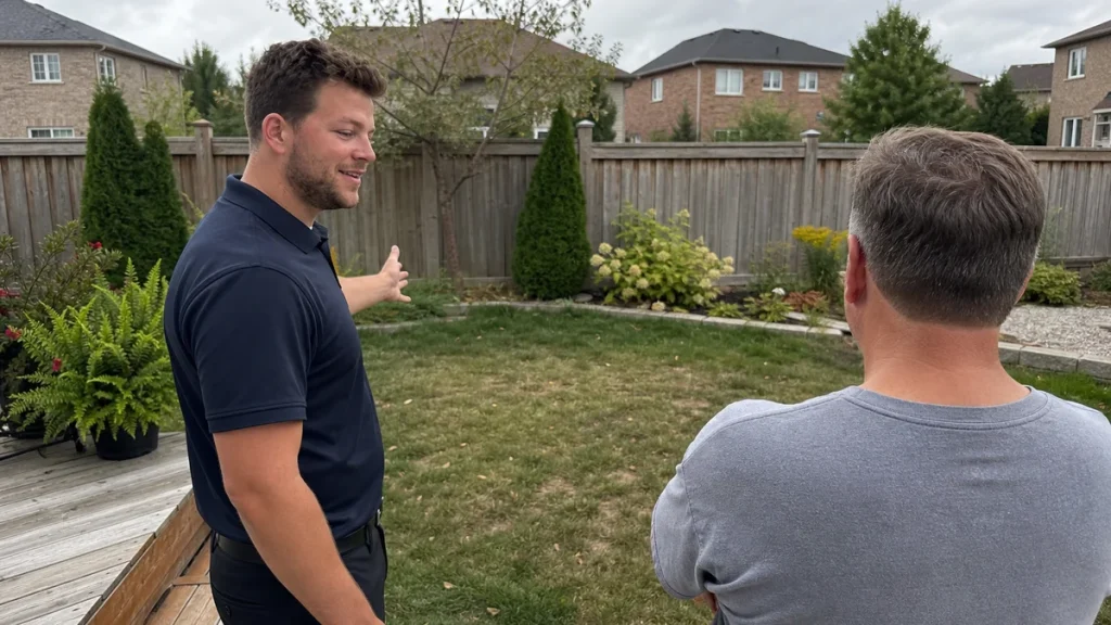Reilly Morrison discussing gas fire-feature placement in a Clarington backyard