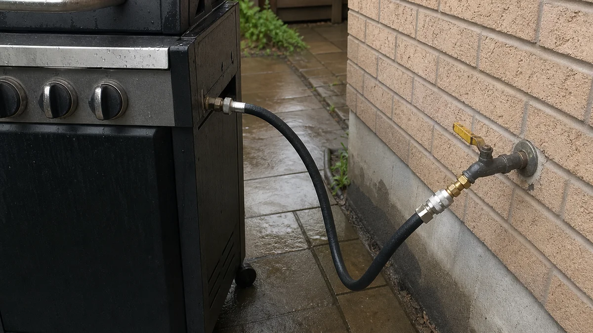 Natural-gas barbecue hose and quick-connect on a wet Durham Region patio