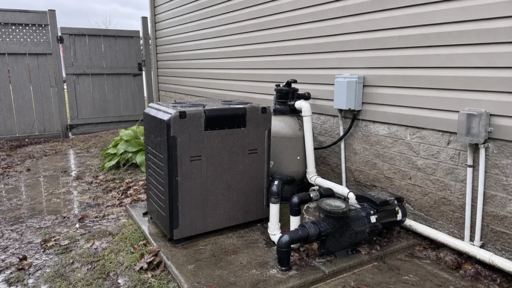 Gas pool heater and equipment pad after heavy rain in Durham Region