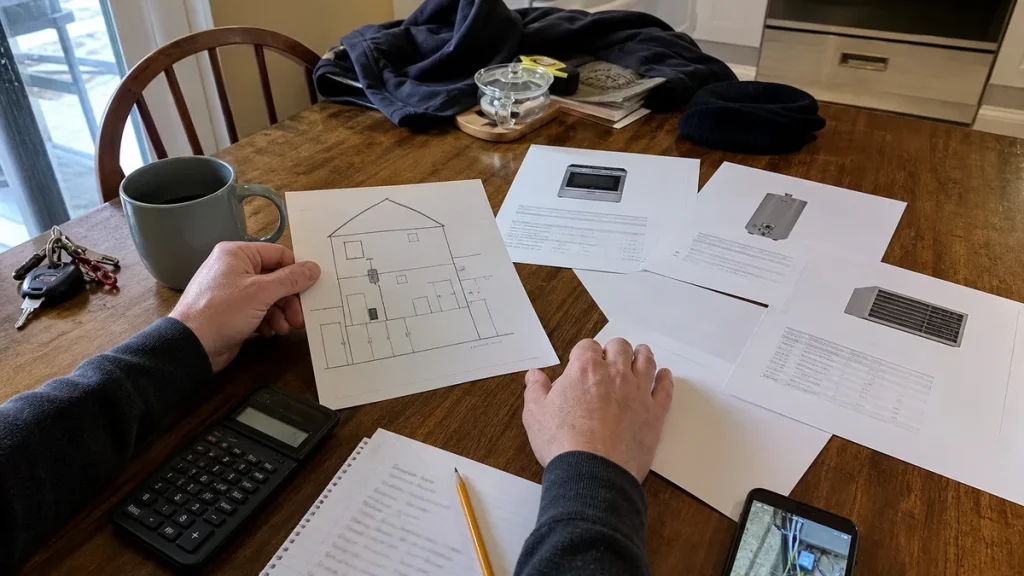 Home gas-load planning with appliance specifications and a property sketch