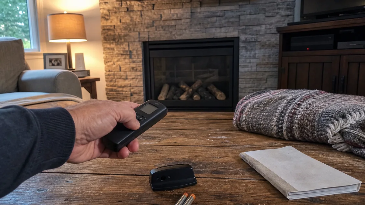 Homeowner checking a gas fireplace remote, receiver and batteries after summer