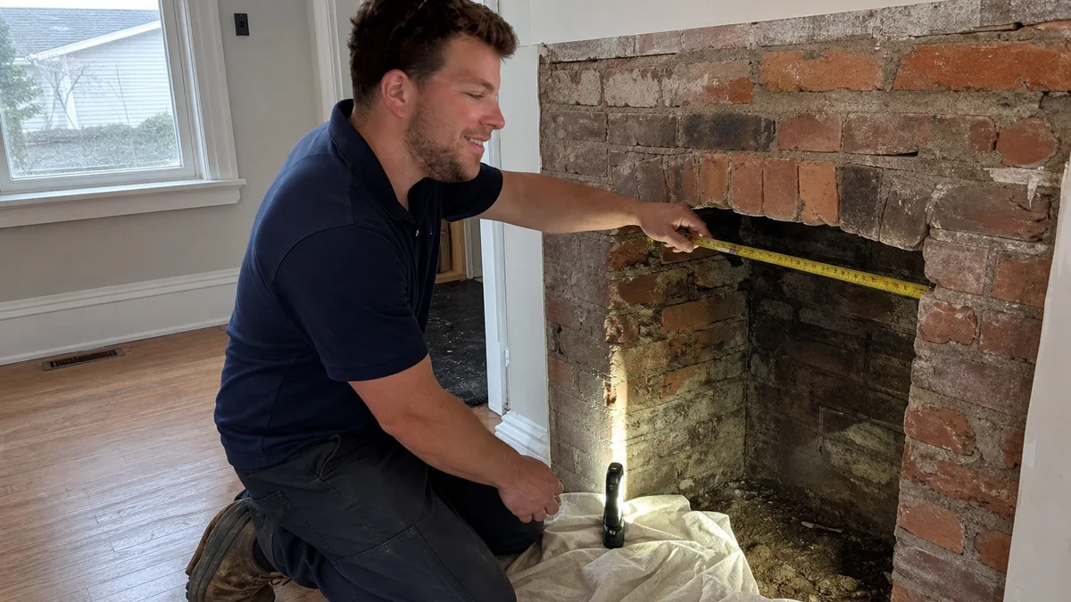 Reilly Morrison measuring a masonry fireplace opening in an older Ontario home