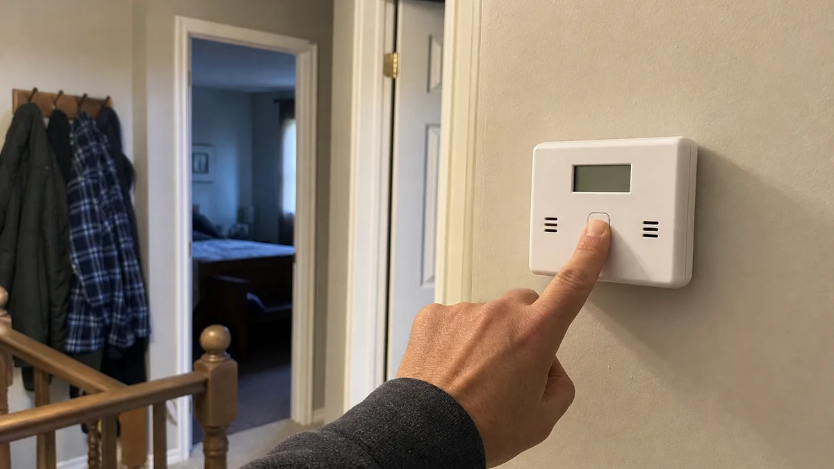 Homeowner testing a carbon monoxide alarm near bedroom doors