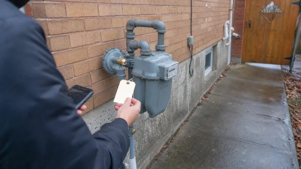 Checking a Gas Meter Exchange Notice - Platinum Gas Homeowner reviewing a service tag after a residential gas meter exchange