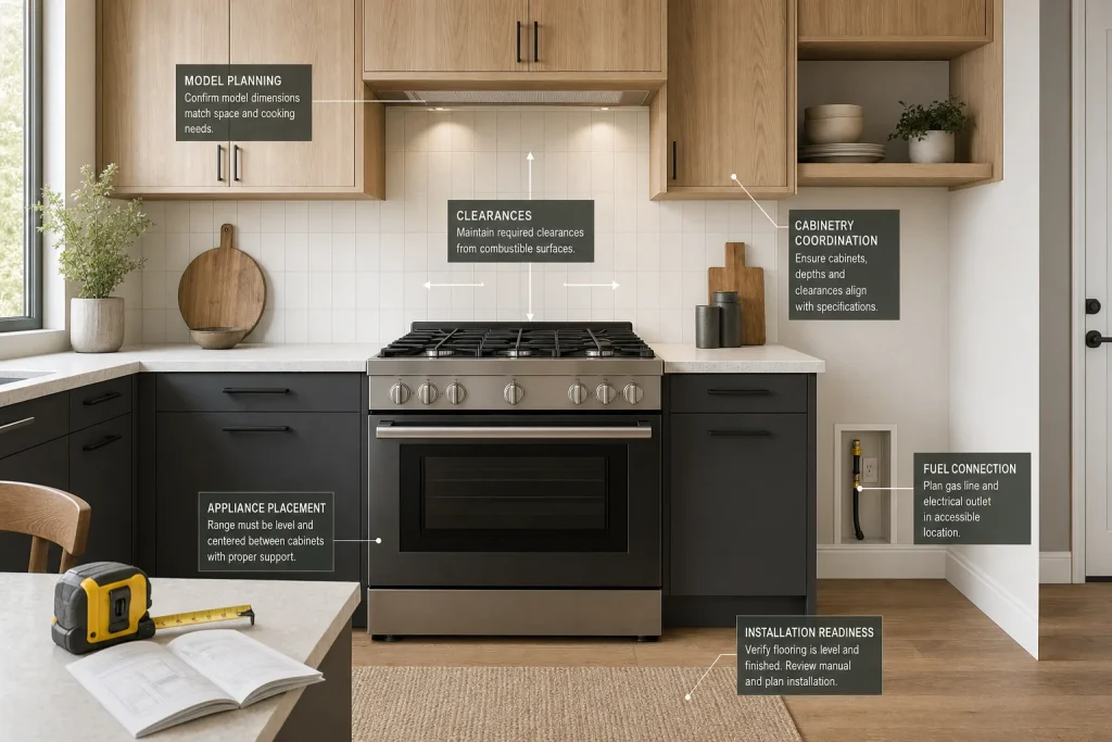 Gas appliance planning - Platinum Gas Kitchen range, clearance, cabinetry and connection-planning considerations
