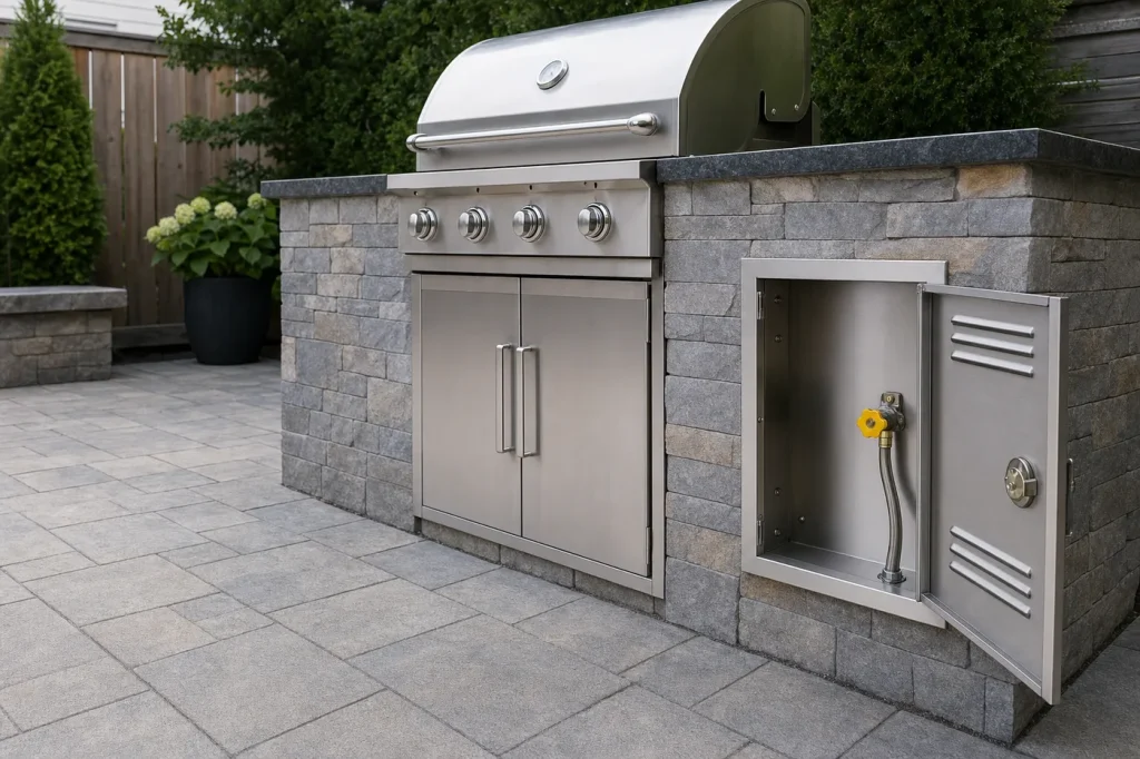 Outdoor kitchen gas connection - Platinum Gas Built-in outdoor gas grill with an accessible enclosed shutoff compartment