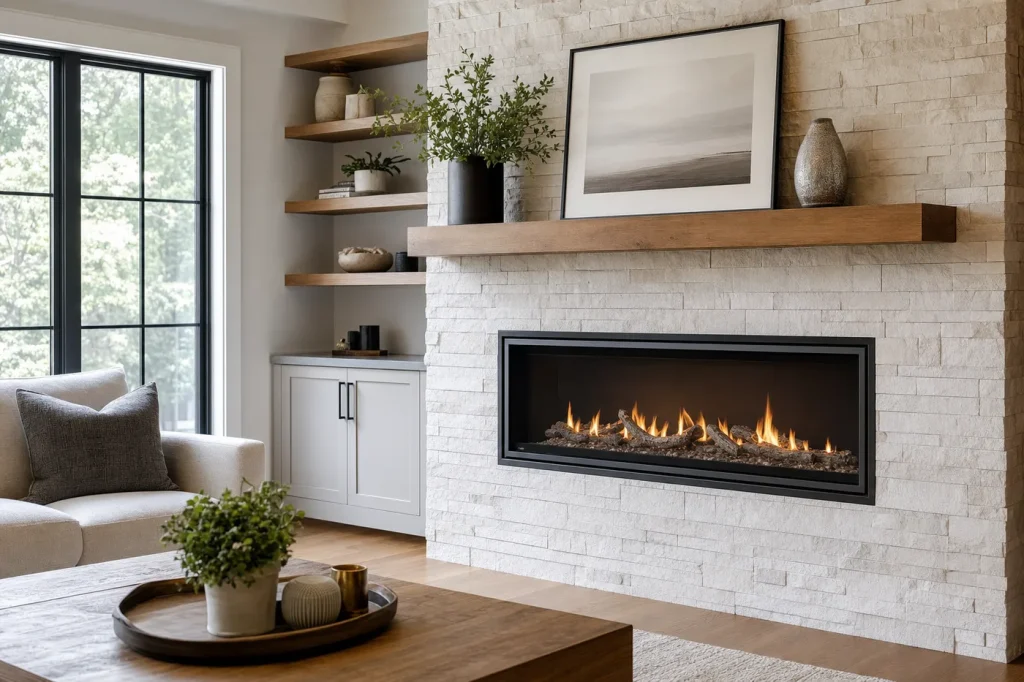 Modern gas fireplace - Platinum Gas Modern gas fireplace in a warm stone feature wall