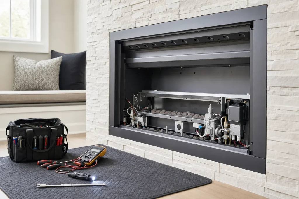 Gas fireplace service - Platinum Gas Gas fireplace open for professional service with diagnostic tools nearby