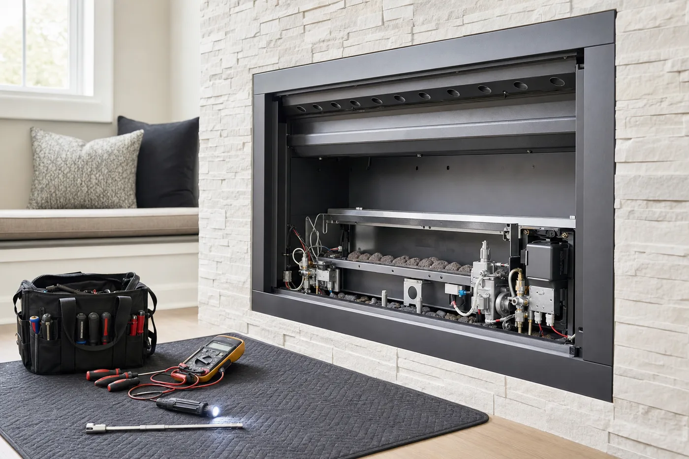 Gas fireplace open for professional service with diagnostic tools nearby - Platinum Gas Gas fireplace open for professional service with diagnostic tools nearby