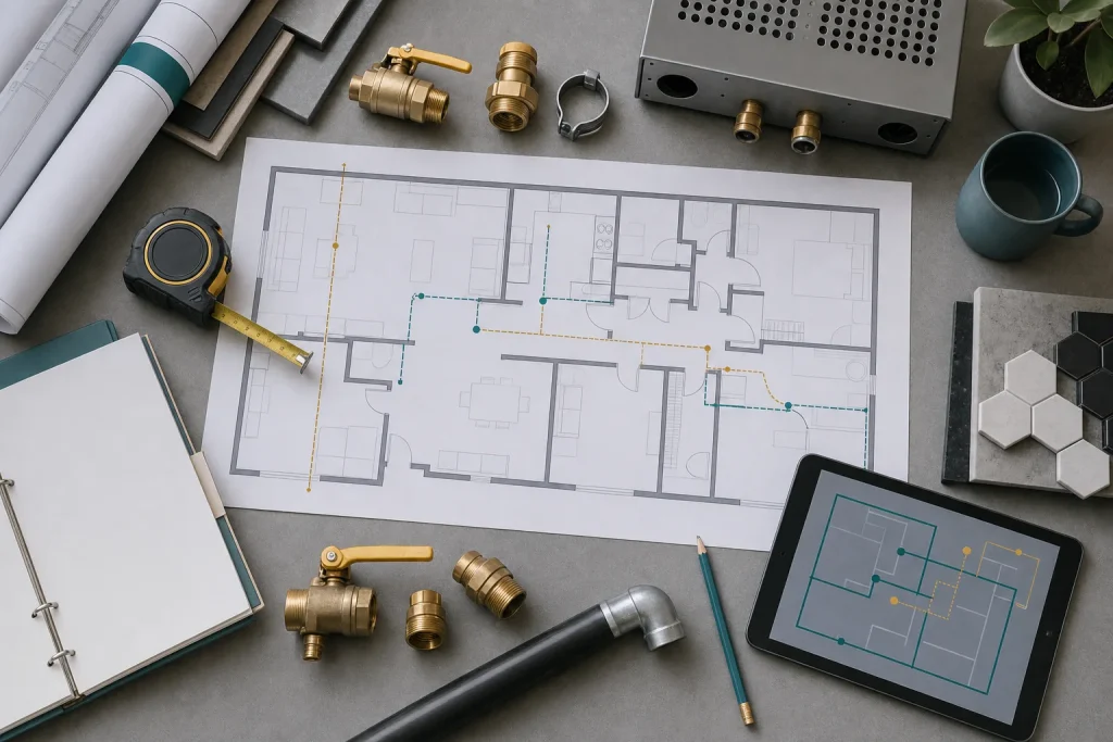 Gas line route planning - Platinum Gas Floor plan, route diagram, measuring tools and fitting samples
