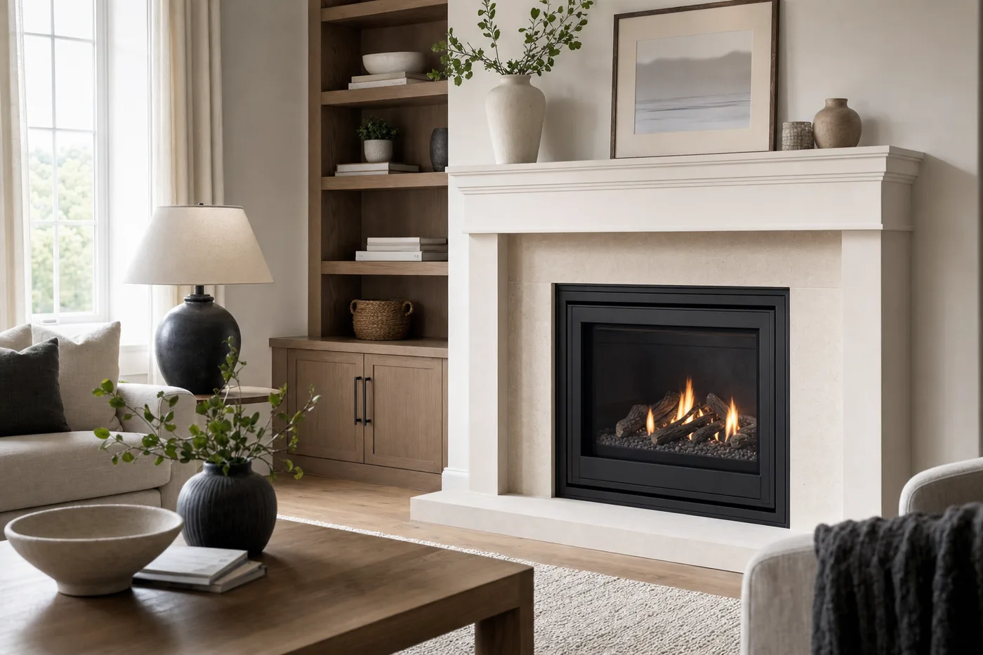 Gas fireplace in a light limestone surround with a simple mantel