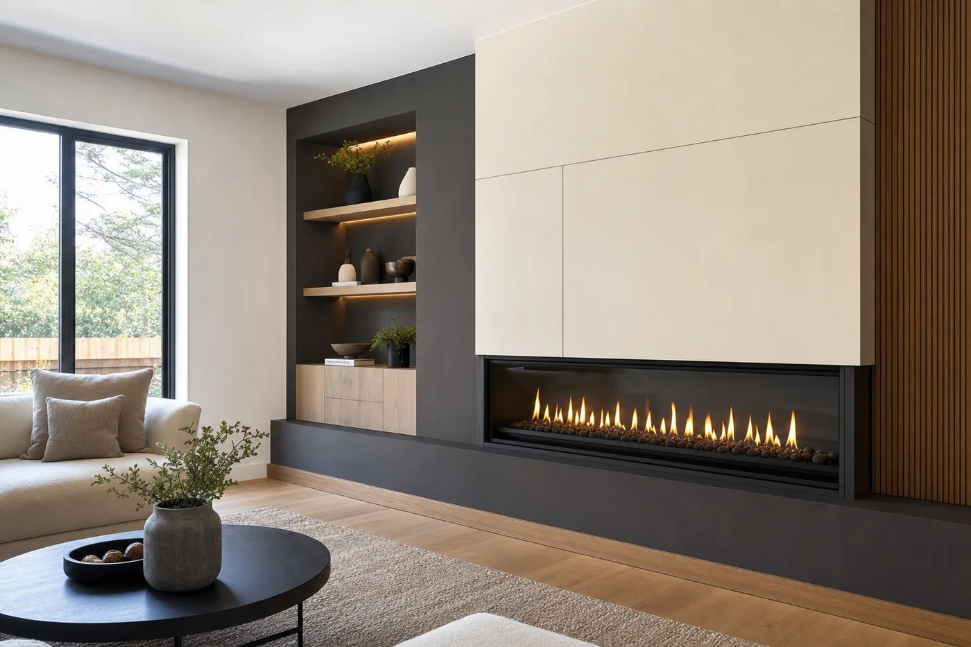 Long linear gas fireplace in a charcoal and warm-white feature wall