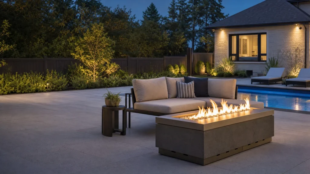 Modern outdoor gas fire table beside a pool at dusk