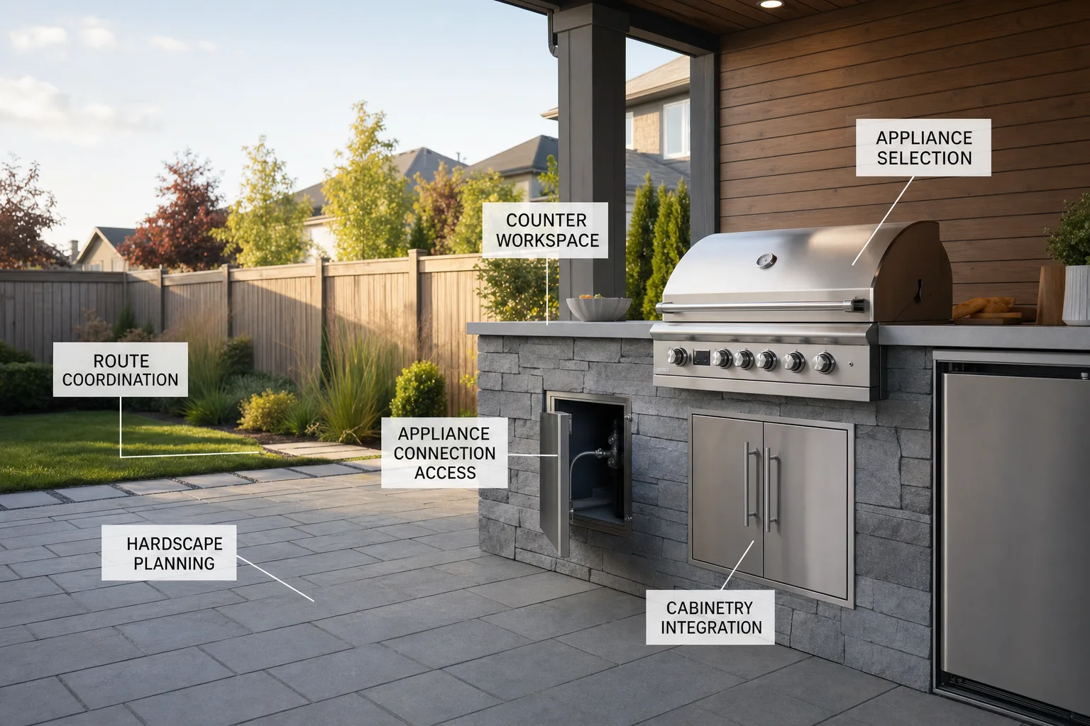Outdoor grill, cabinetry, gas access and hardscape planning