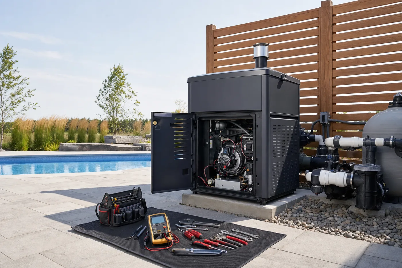 Outdoor pool heater open for professional maintenance with clear service access