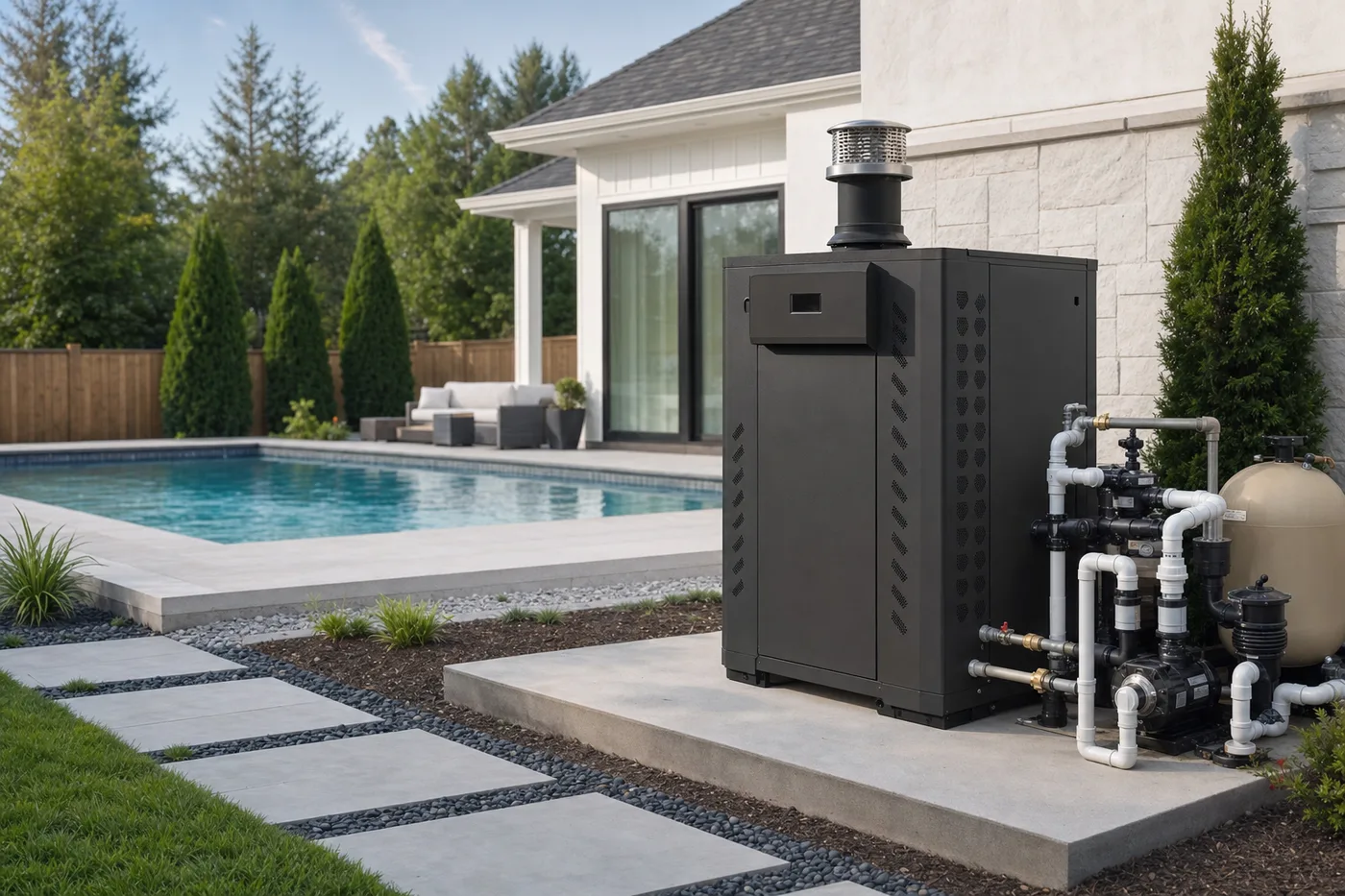Outdoor gas pool heater on an organized equipment pad