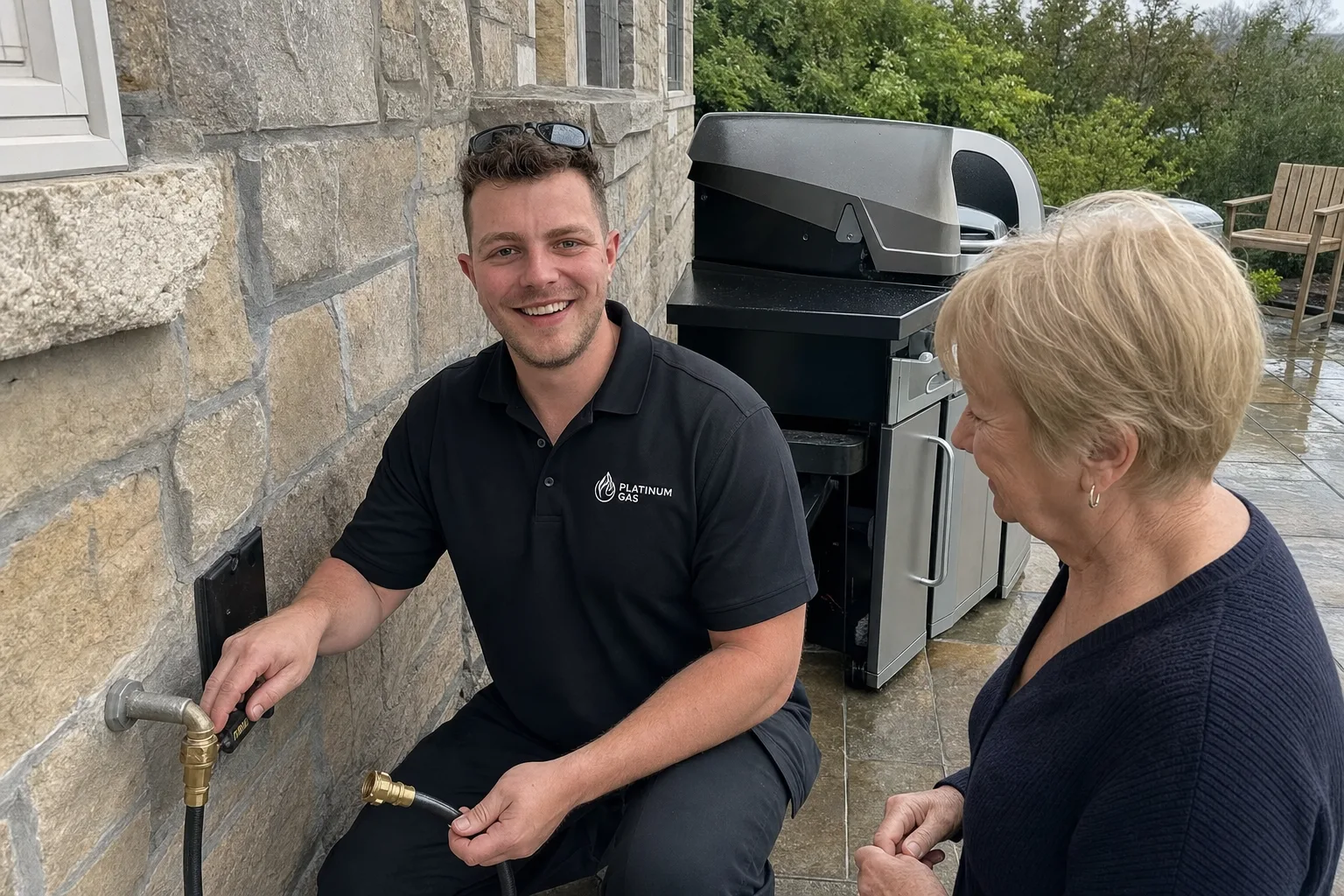 Reilly Morrison reviewing an outdoor barbecue gas connection with a homeowner - Platinum Gas Reilly Morrison reviewing an outdoor barbecue gas connection with a homeowner