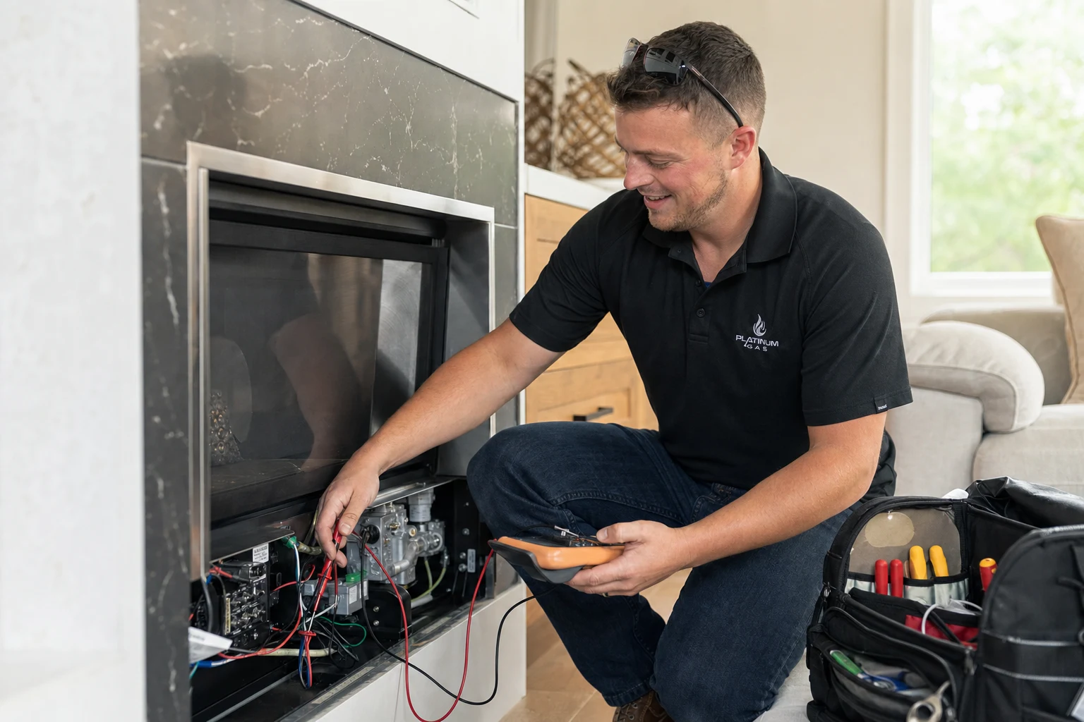 Reilly Morrison diagnosing a gas fireplace with the service panel open