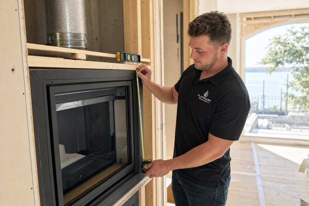 Reilly checking a fireplace installation - Platinum Gas Reilly Morrison checking a built-in gas fireplace during installation