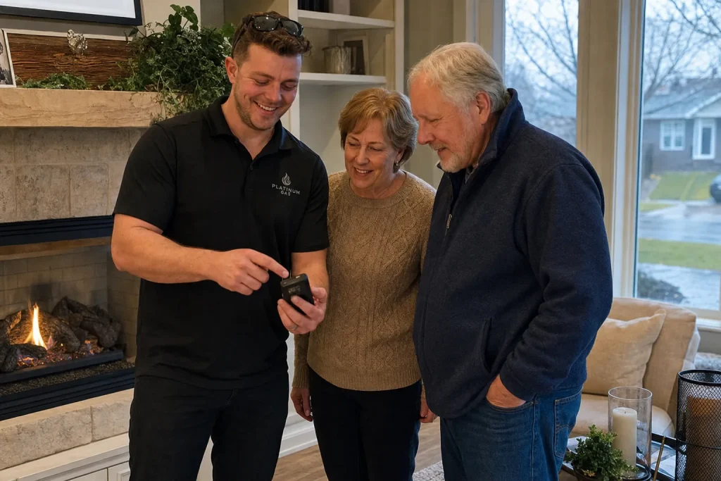 Reilly Morrison discussing a gas fireplace service visit with a homeowner