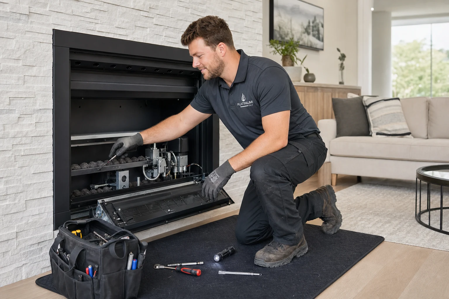 Reilly Morrison servicing a gas fireplace with the front panel open