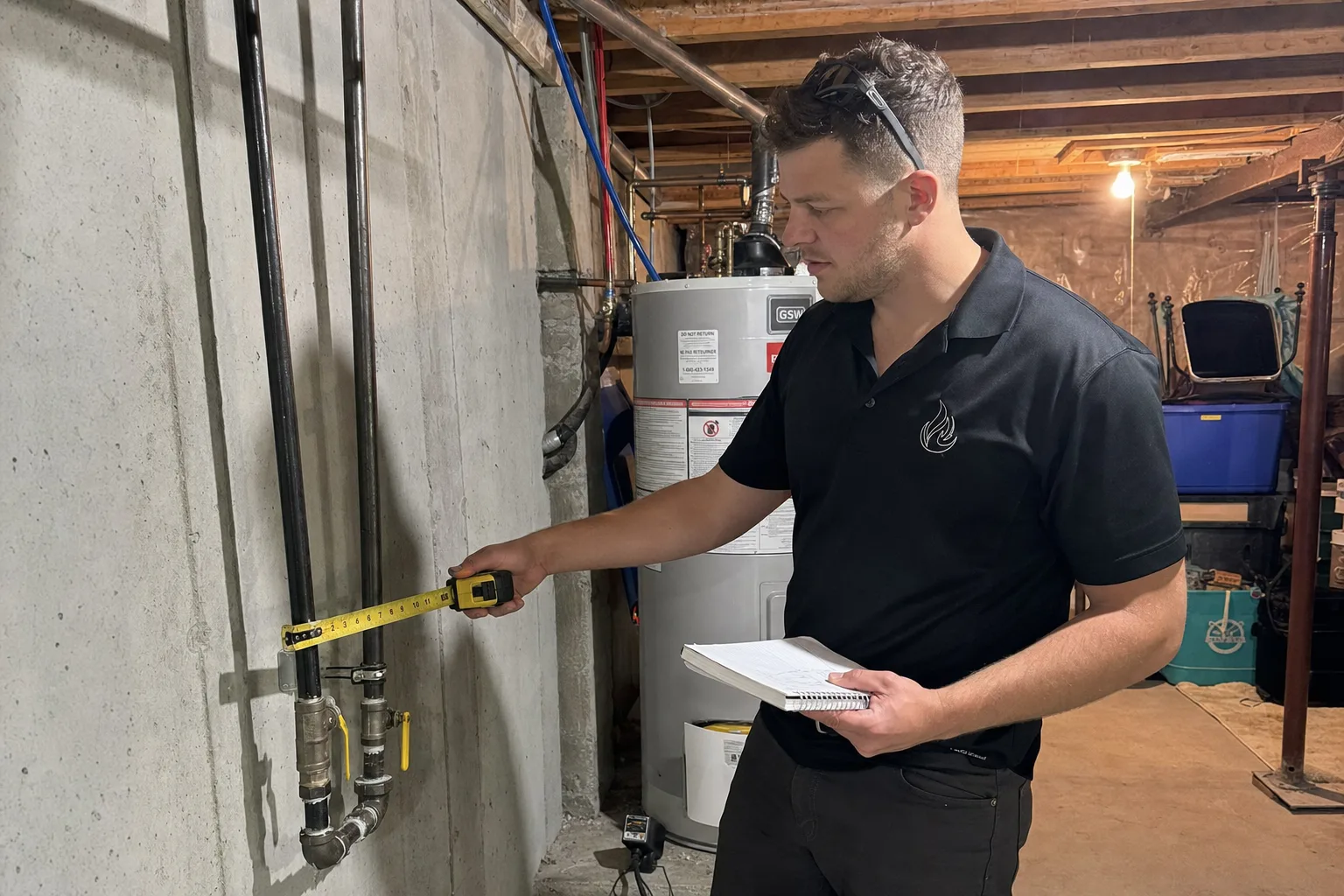 Reilly Morrison reviewing an accessible gas-line route in an unfinished basement - Platinum Gas Reilly Morrison reviewing an accessible gas-line route in an unfinished basement