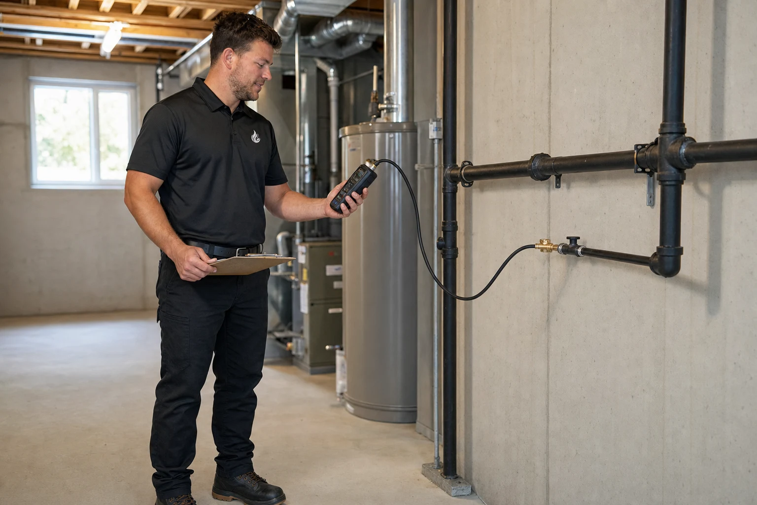 Reilly Morrison reading a pressure instrument beside accessible residential gas piping