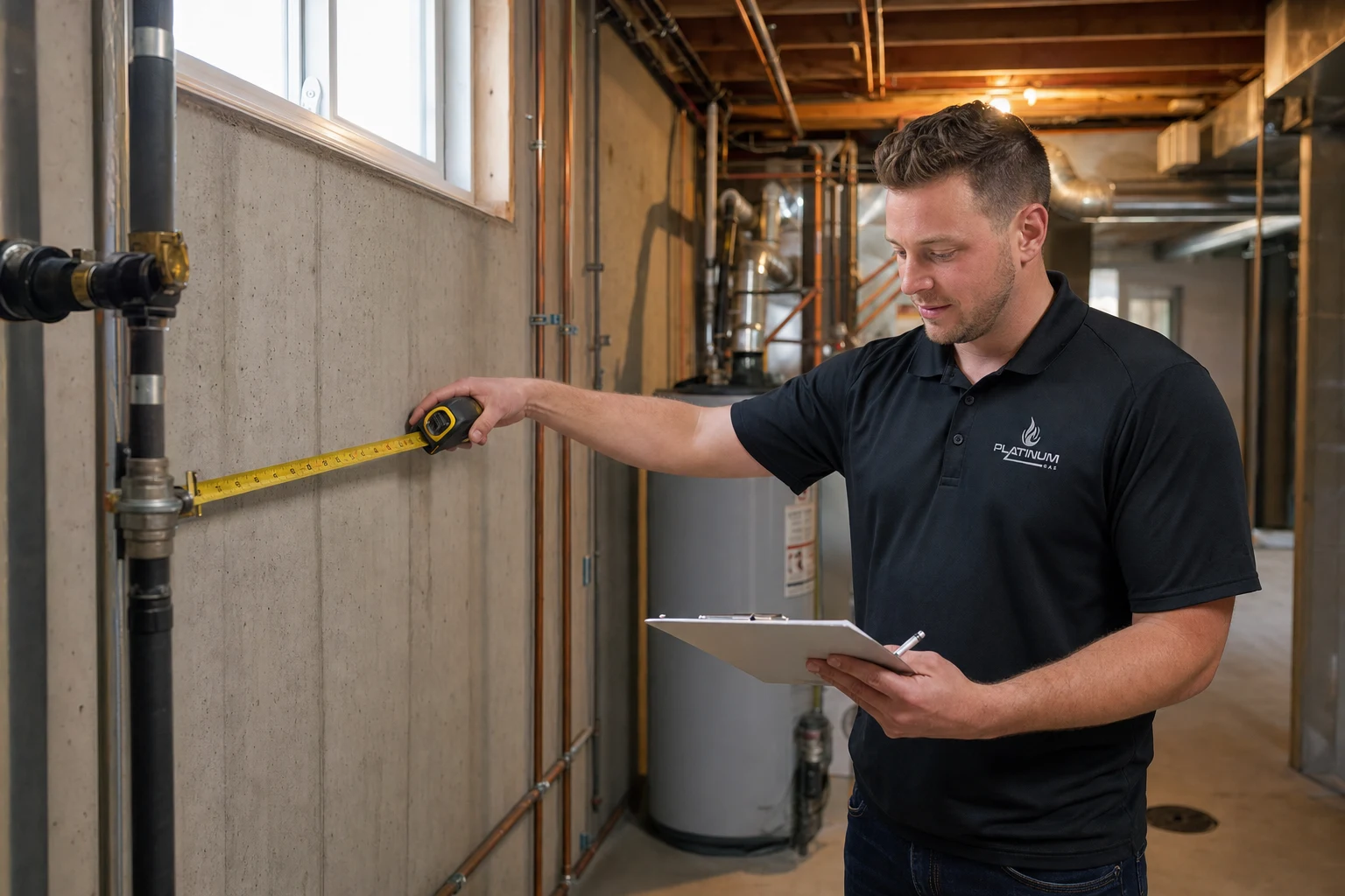 Reilly Morrison measuring a gas-line route in a residential mechanical area