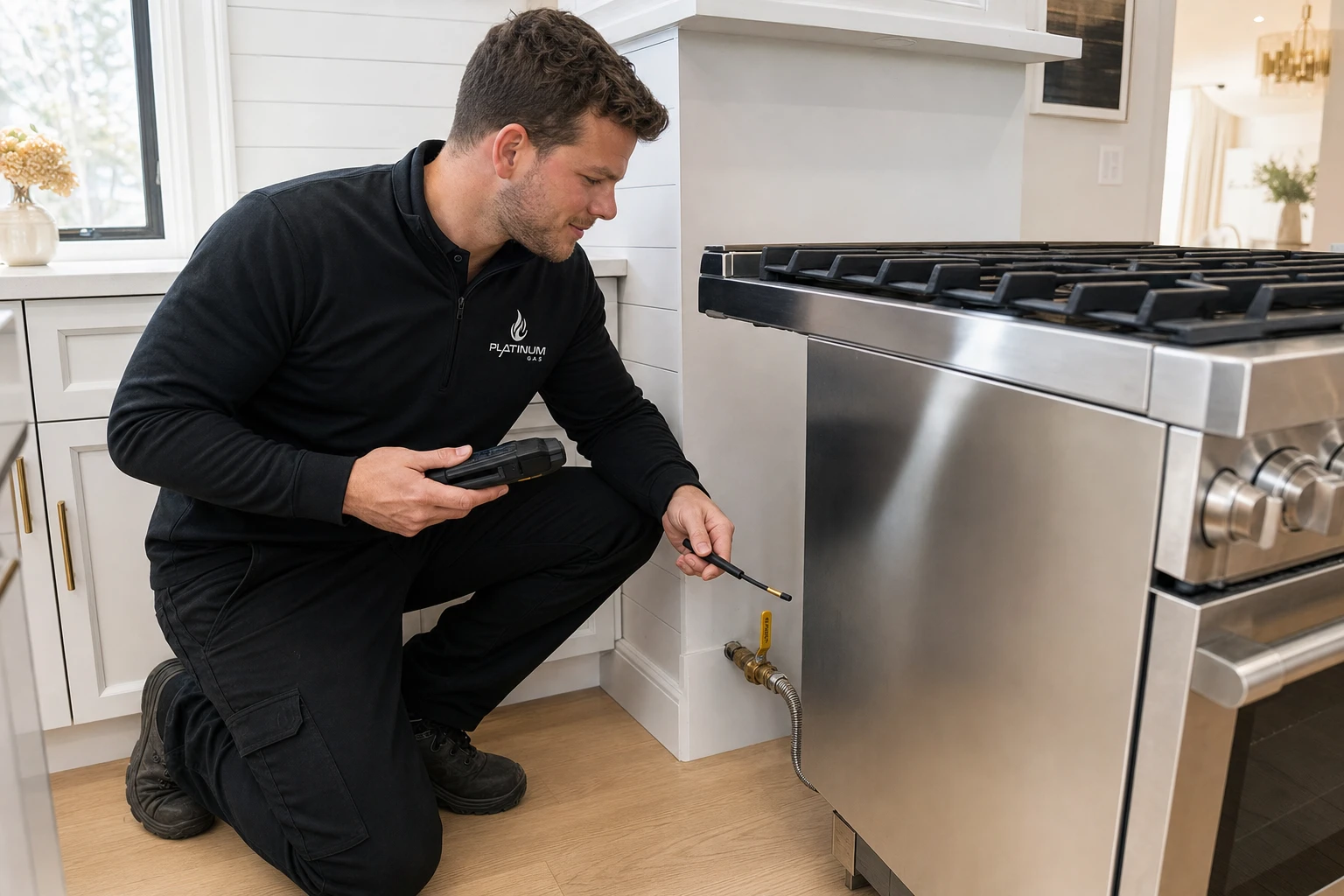 Reilly Morrison checking a residential gas range connection - Platinum Gas Reilly Morrison checking a residential gas range connection