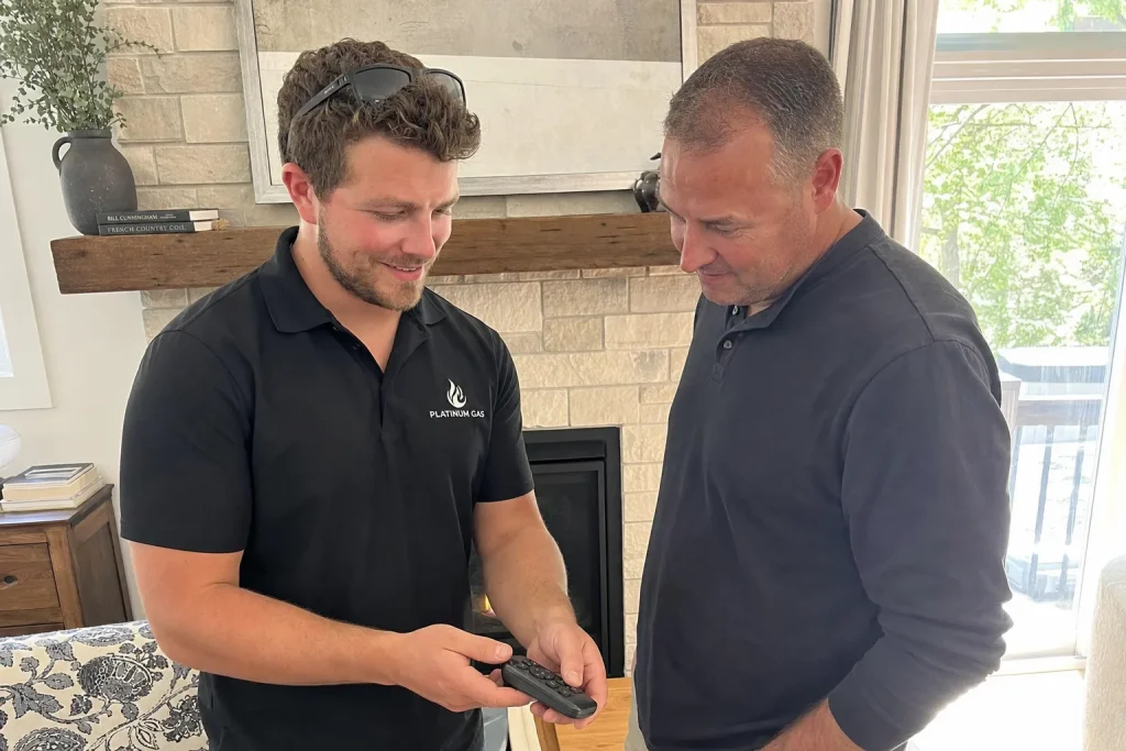 Reilly explaining fireplace controls - Platinum Gas Reilly Morrison demonstrating a gas fireplace remote to a homeowner
