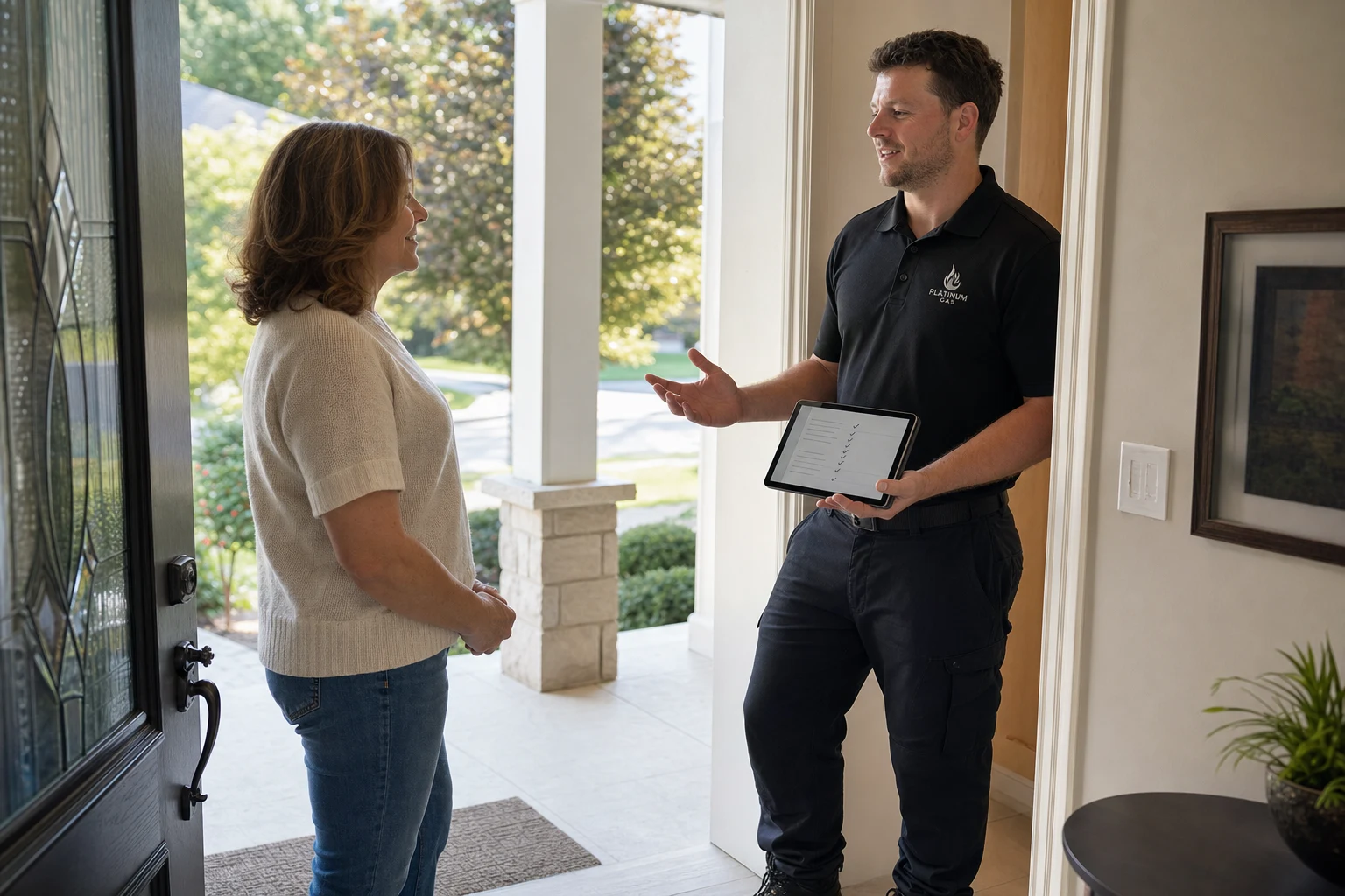 Reilly discussing a service assessment with a homeowner