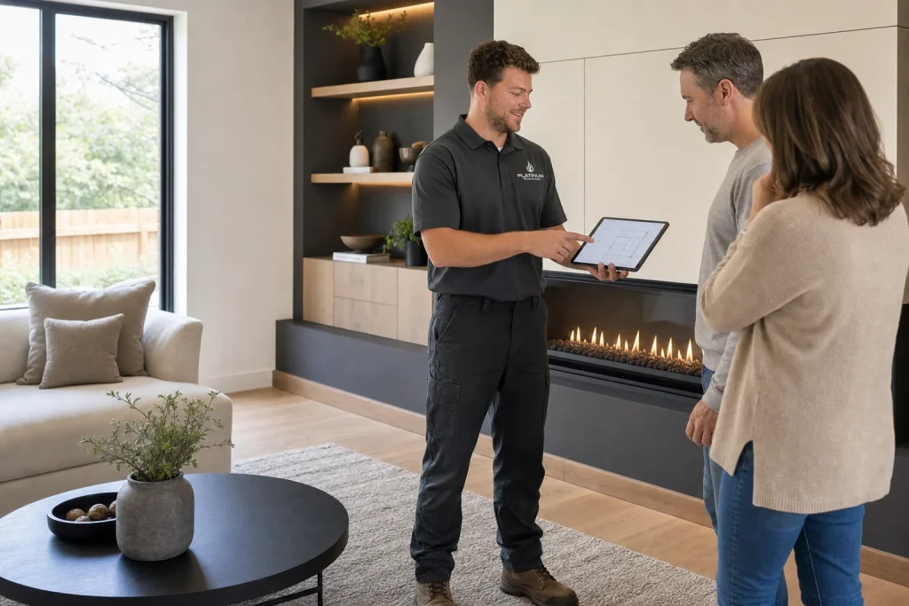 Reilly discussing a fireplace plan - Platinum Gas Reilly Morrison discussing a gas fireplace plan with homeowners