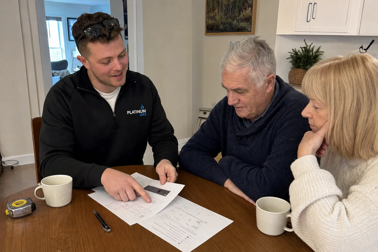 Reilly Morrison reviewing fireplace project details with homeowners at a kitchen table