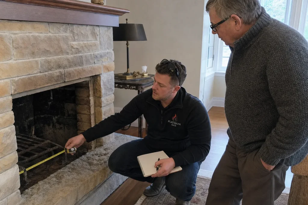 Reilly Morrison measuring a masonry fireplace opening for a gas insert
