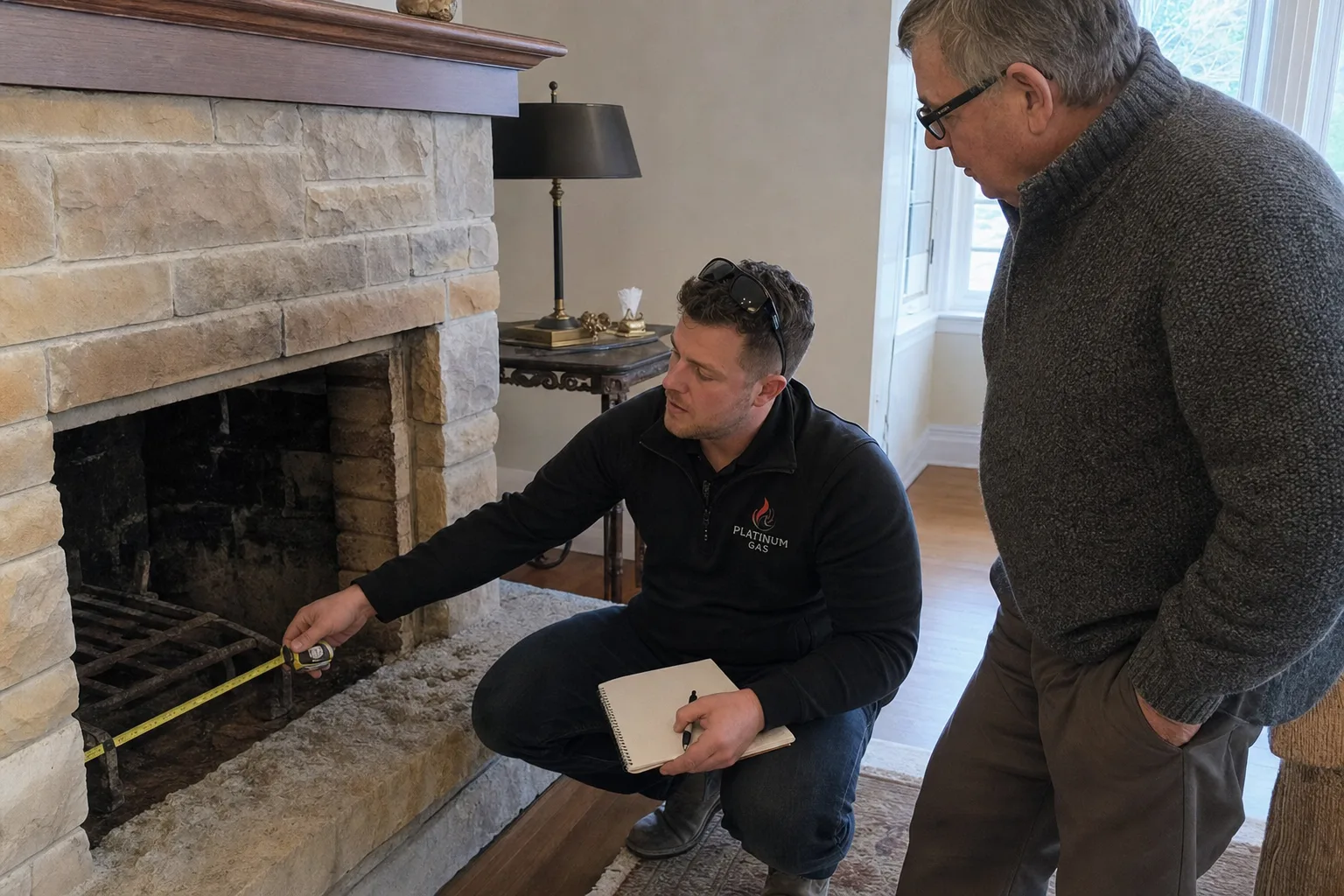 Reilly Morrison measuring a masonry fireplace opening for a gas insert