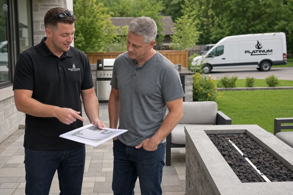 Reilly Morrison reviewing outdoor gas fire-feature placement with a homeowner