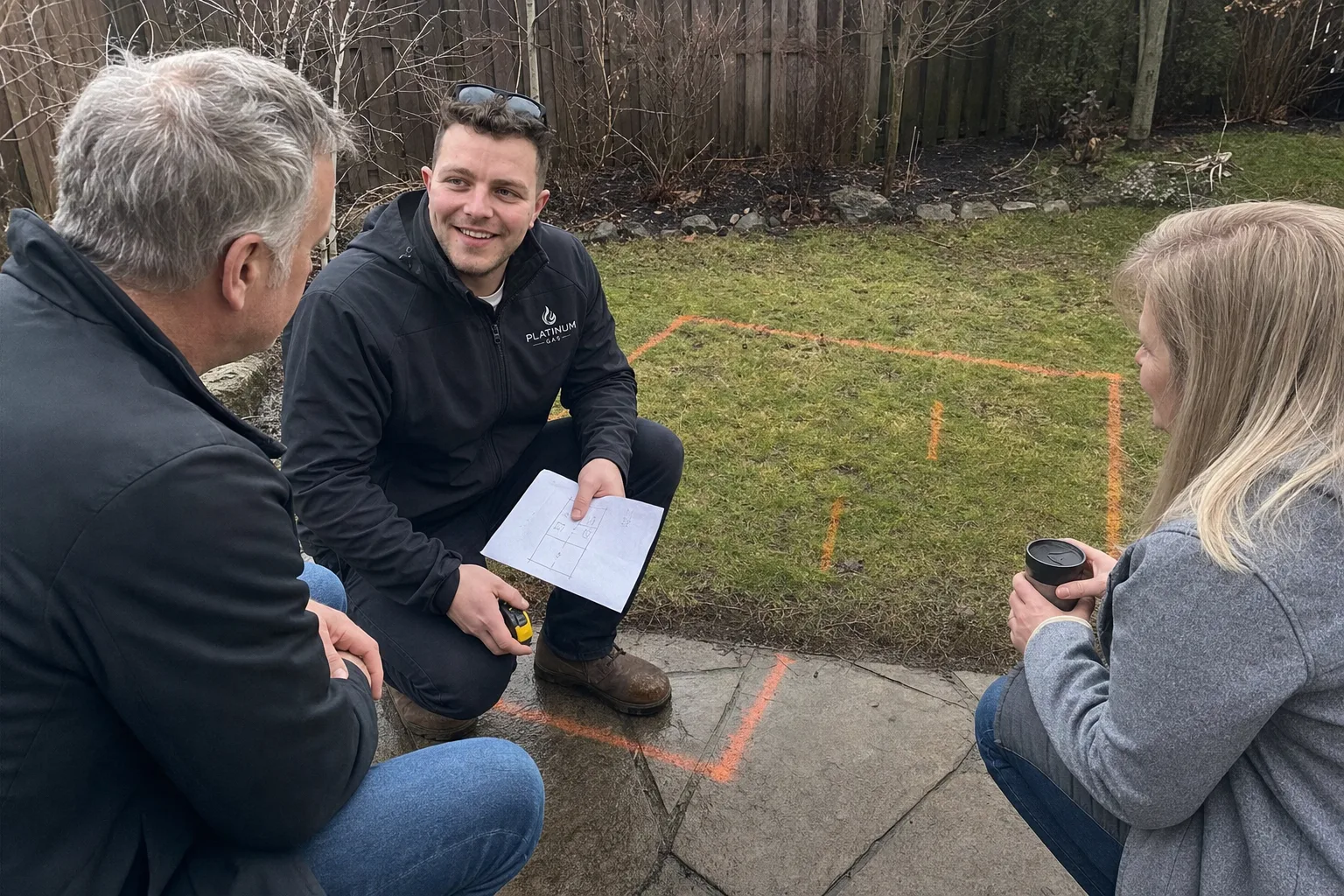Reilly Morrison reviewing outdoor fire-feature placement with a homeowner - Platinum Gas Reilly Morrison reviewing outdoor fire-feature placement with a homeowner