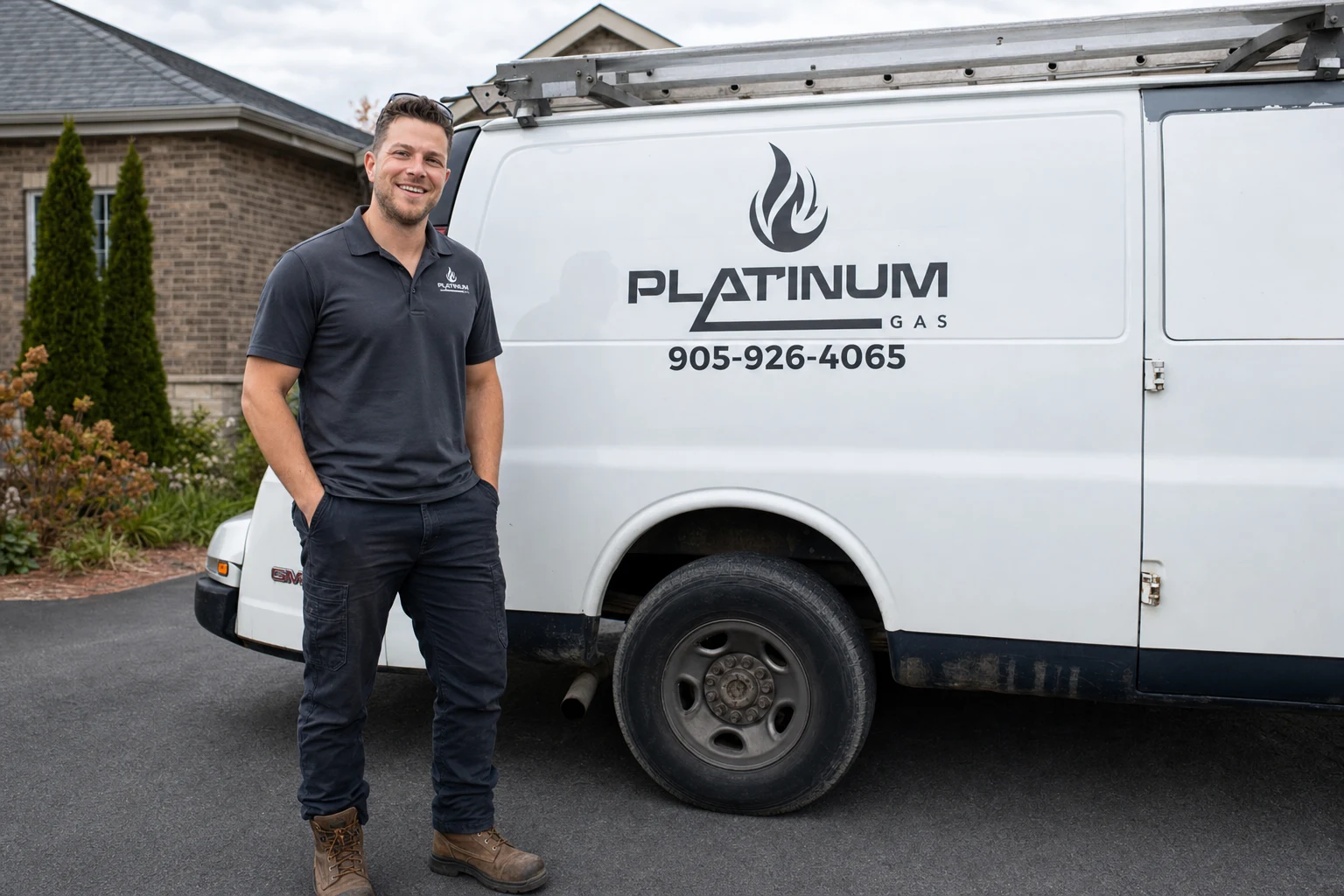 Reilly Morrison of Platinum Gas beside the branded service van in Bowmanville