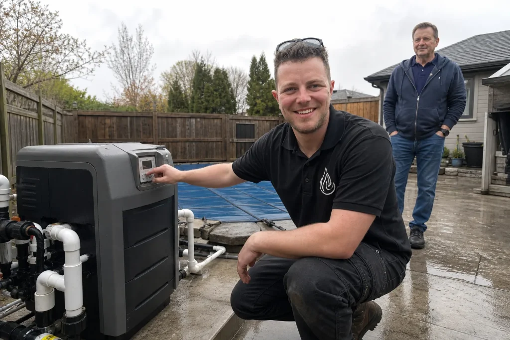Reilly Morrison checking a gas pool heater with a homeowner on an overcast day