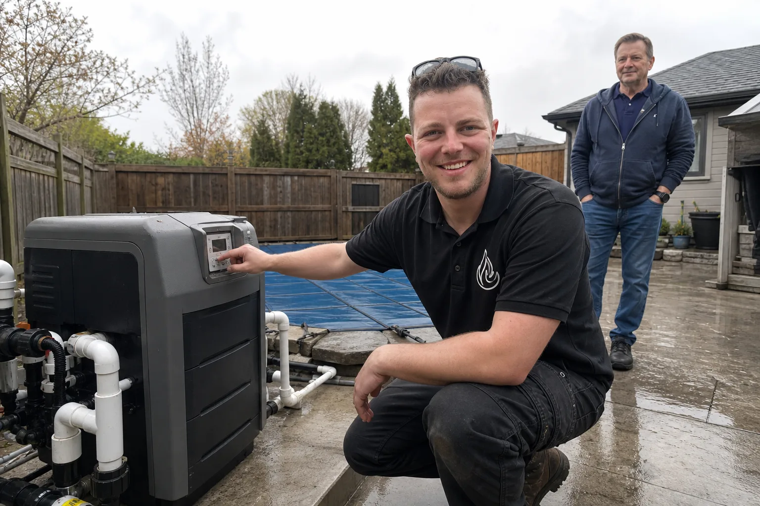Reilly Morrison checking a gas pool heater with a homeowner on an overcast day
