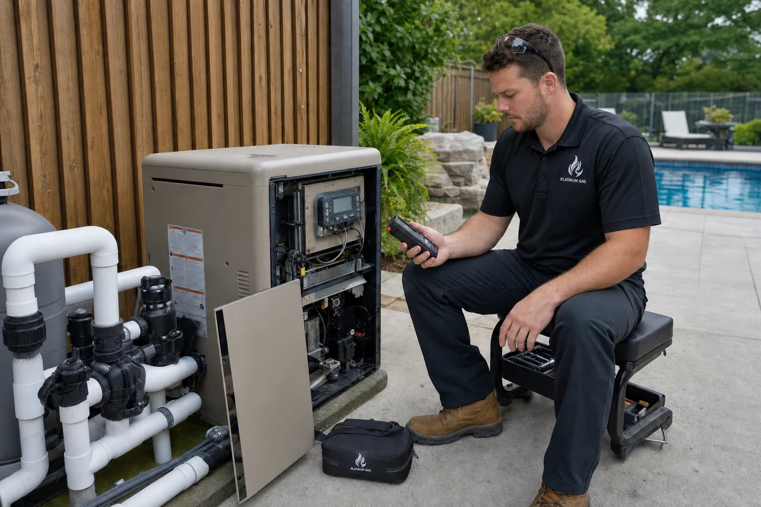 Reilly Morrison reviewing controls on an outdoor gas pool heater equipment pad - Platinum Gas Reilly Morrison reviewing controls on an outdoor gas pool heater equipment pad