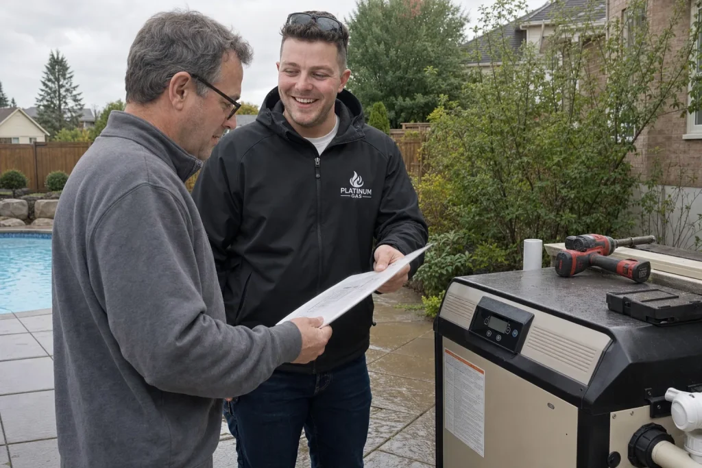 Reilly reviewing pool-heater controls with a homeowner - Platinum Gas Reilly Morrison reviewing gas pool-heater controls with a homeowner