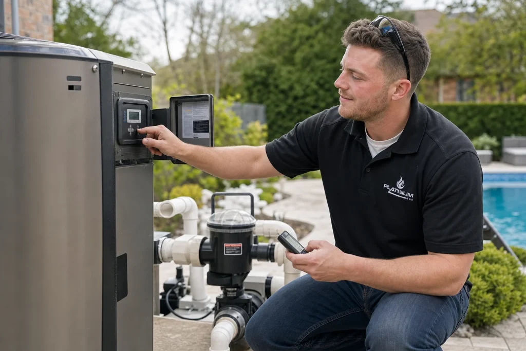 Reilly Morrison checking a gas pool heater during a spring startup