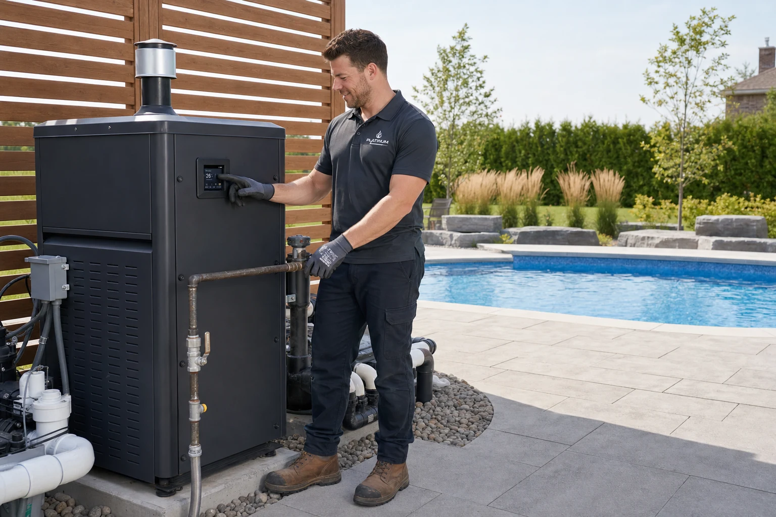 Reilly Morrison inspecting a gas pool heater at an outdoor equipment pad - Platinum Gas Reilly Morrison inspecting a gas pool heater at an outdoor equipment pad