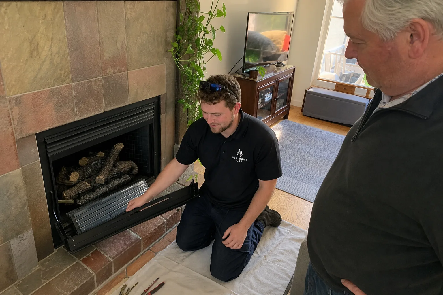Reilly Morrison servicing a gas fireplace in a residential living room