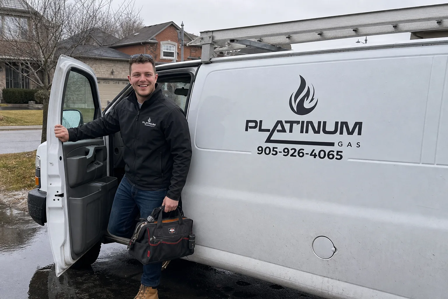 Reilly Morrison getting into the branded Platinum Gas service van