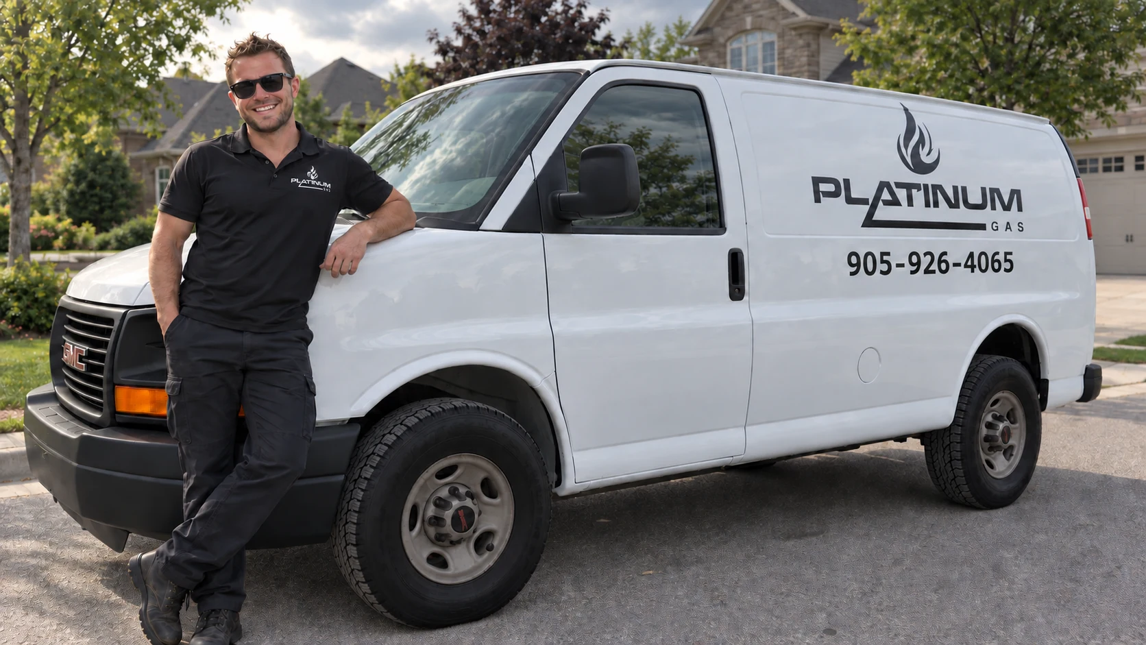 Reilly smiling and leaning on the hood of the Platinum Gas van