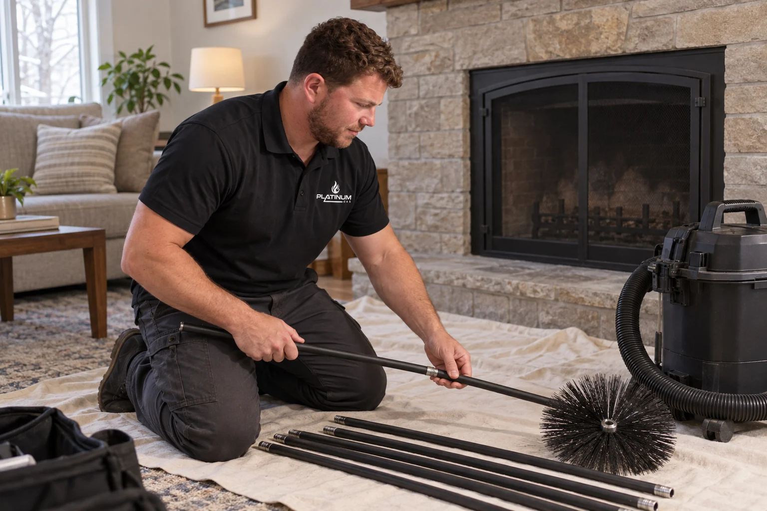Reilly preparing chimney-cleaning equipment beside a fireplace